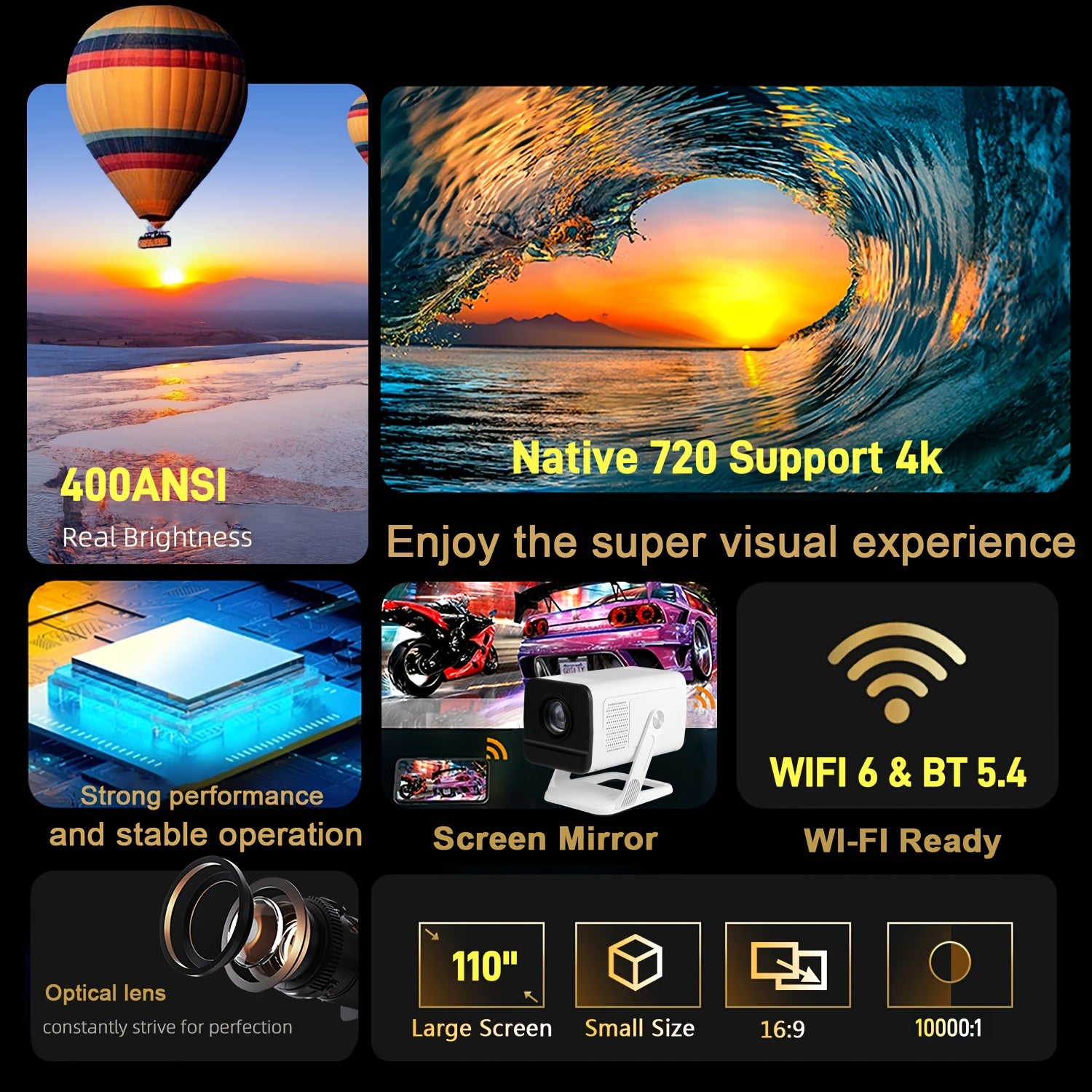 Built-in Apps & 2026 Upgraded Mini Portable Smart Projector with WiFi 6 And BT5.4