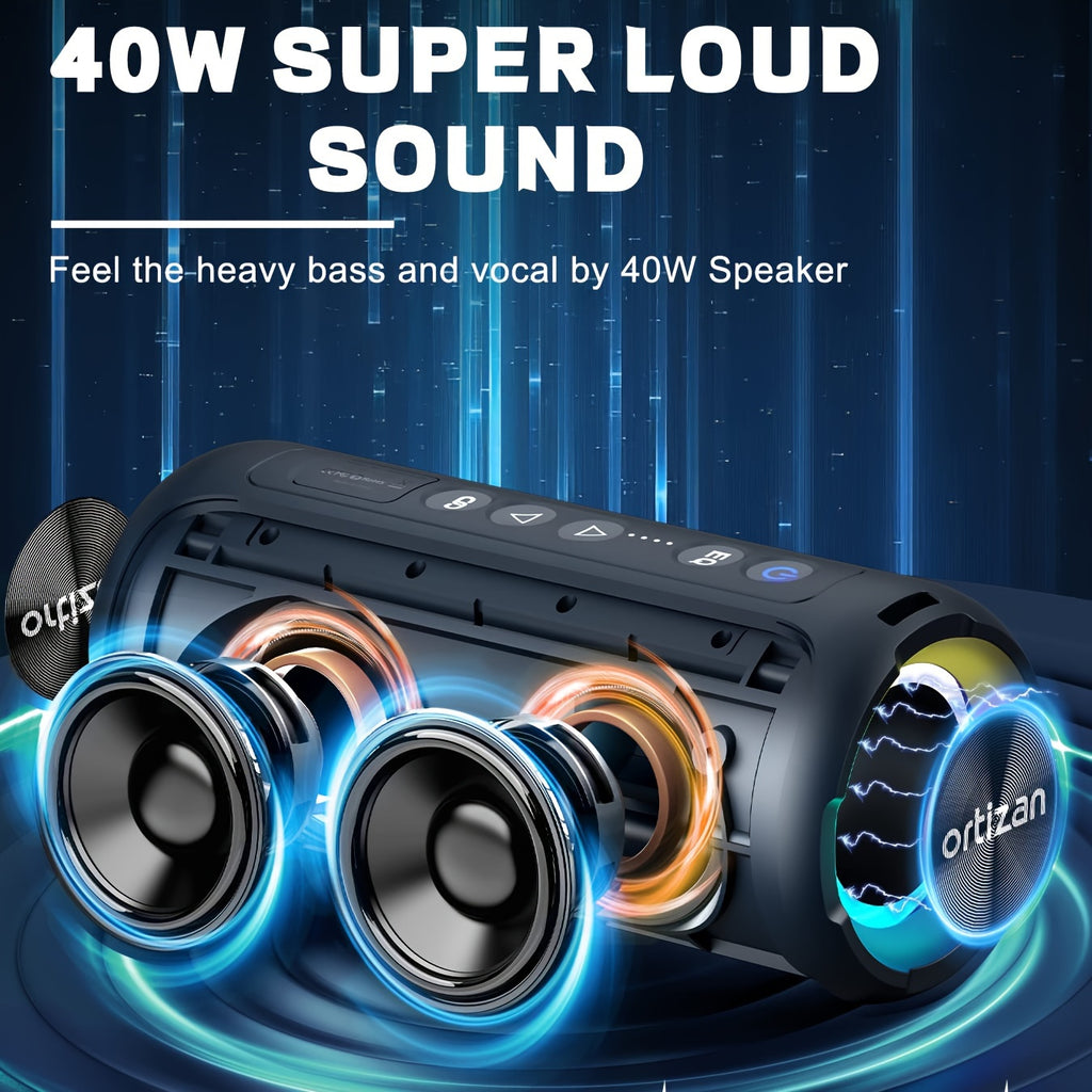 Ortizan 40W PMPO Loud Stereo Portable Speaker | IPX7, Wireless, with Deep Bass, LED Light, 30H Battery, TF Card, AUX, True Wireless Stereo for Indoor & Outdoor Use