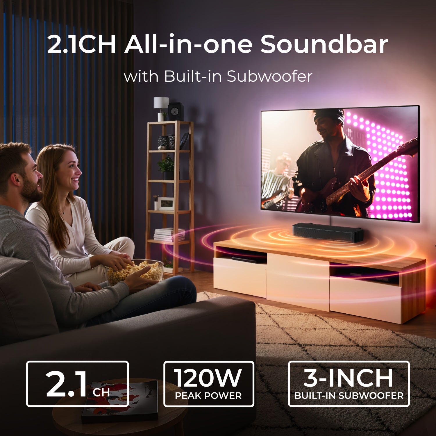 ULTIMEA 2.1Ch Compact Sound Bar Designed for Television, Featuring a 3-Inch Integrated Subwoofer, App Control, 120W Peak Power, an All-In-One PC Sound Bar Suitable for Gaming, Wireless 5.4 Compatibility, And Options for Opt\u002FAux\u002FWall Mounting