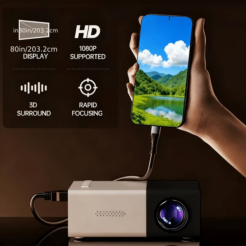 Portable Projector, Native Resolution 480P, Supports 1080P HD TV, 180° Rotation Angle