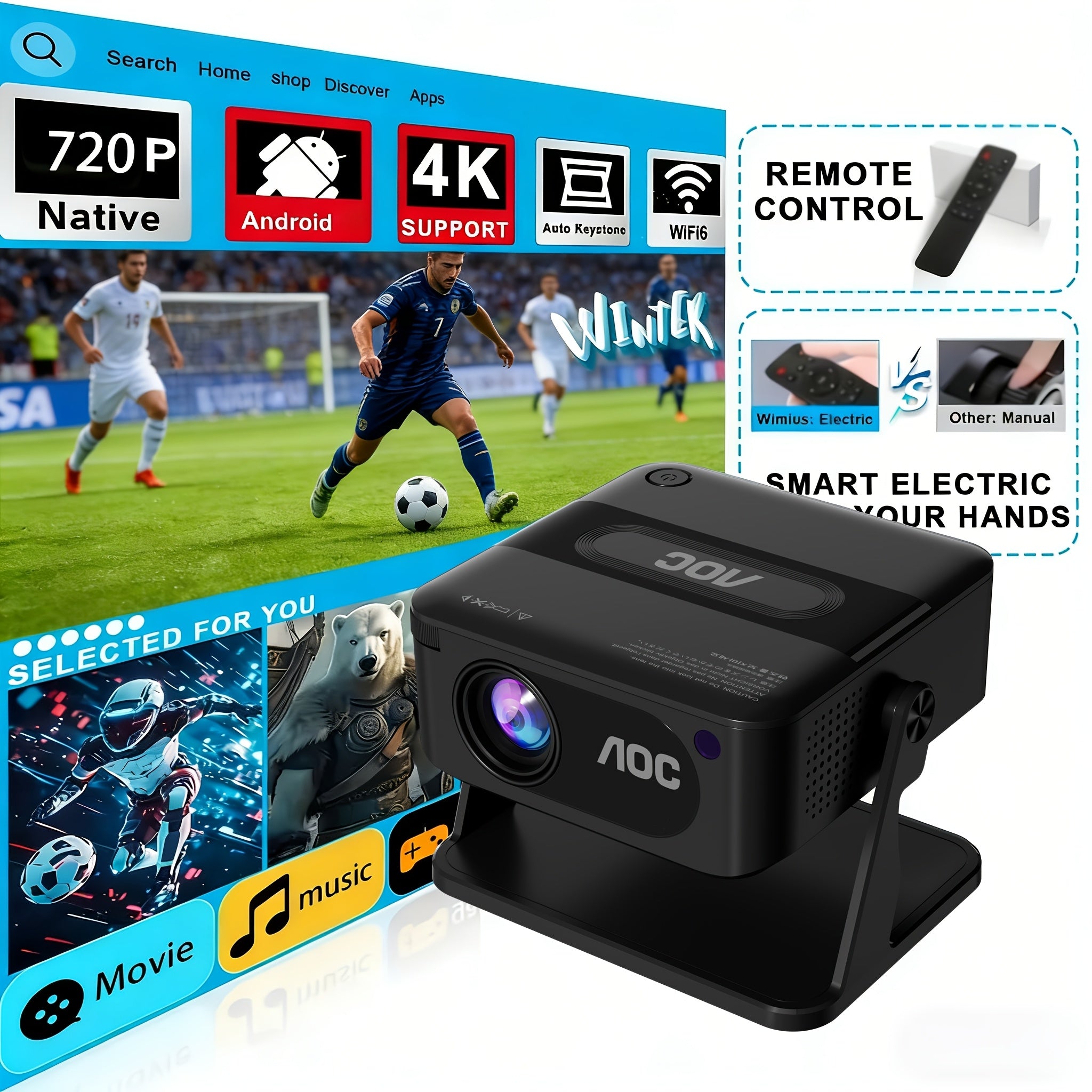 AOC HA109 Portable HD Projector with Fast Focus, Built-in Speakers & USB